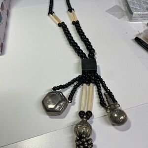 Tribal Black Bone and Silver Beaded Necklace